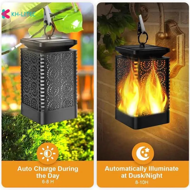 Set of four black solar flame torch lights with flickering LED effect for garden decoration