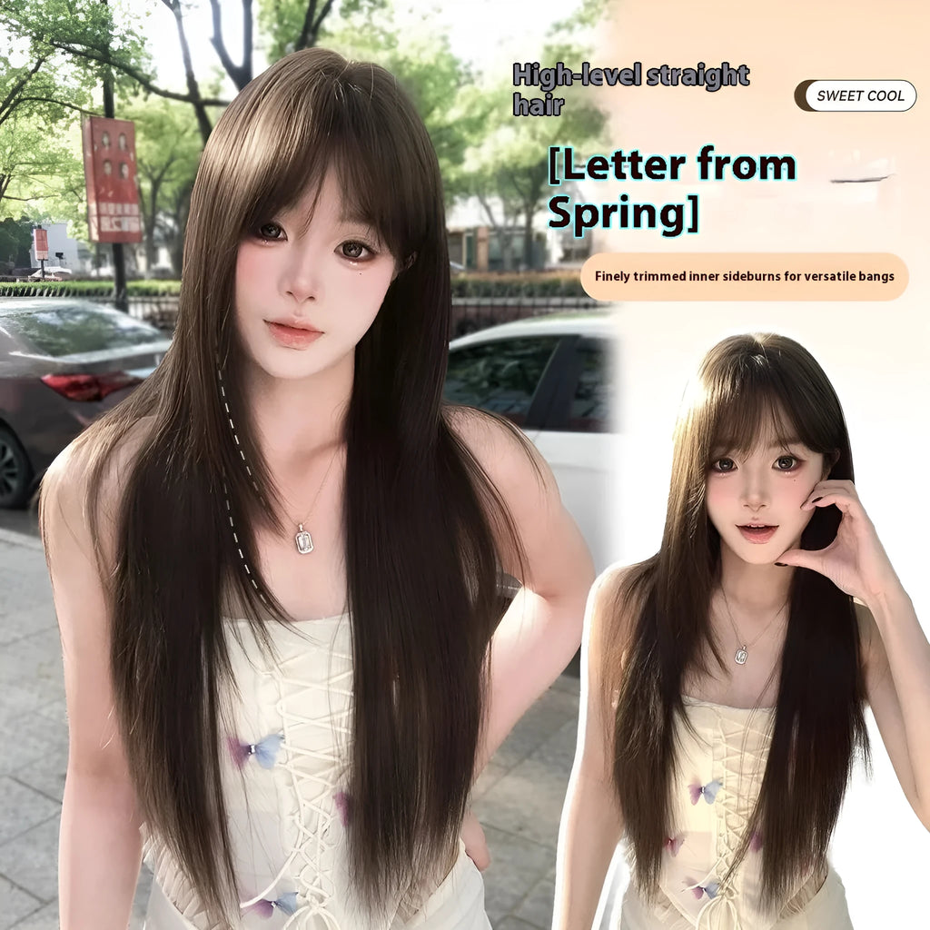 Wig high-level black tea simulation brown black for ladies with wear-free hair net