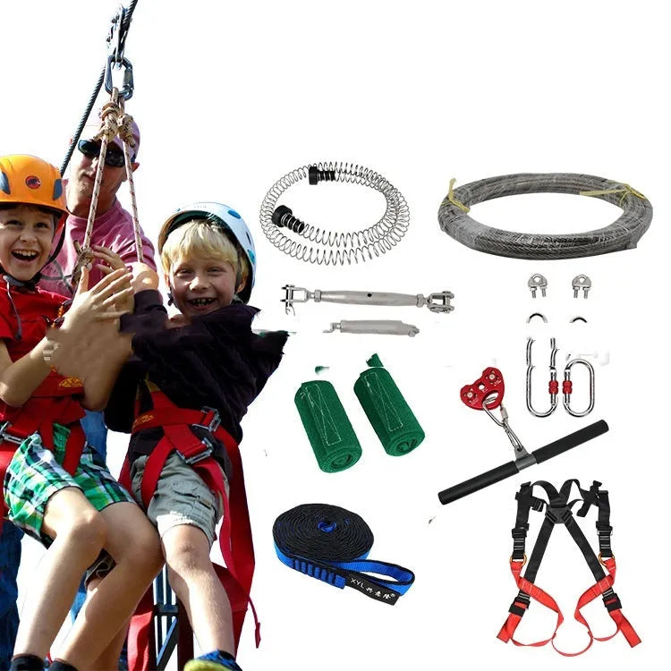 XYL Ziptreck 10-metre suit pulley slide rope set with handle and multiple safety attachments for children's outdoor recreation