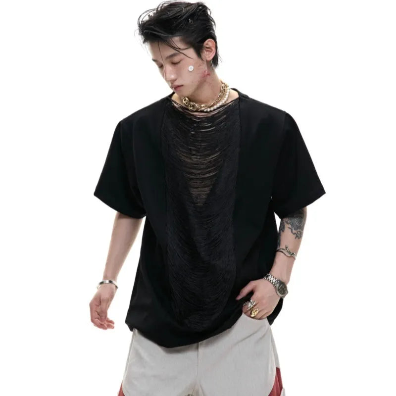 Men's black loose fit t-shirt with hollow out V-neck and short sleeves