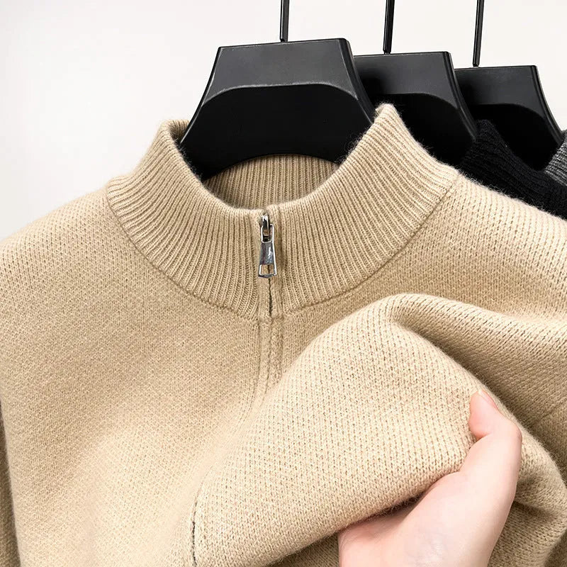 Men's loose fit grey knitted cardigan with stand collar and zip front closure