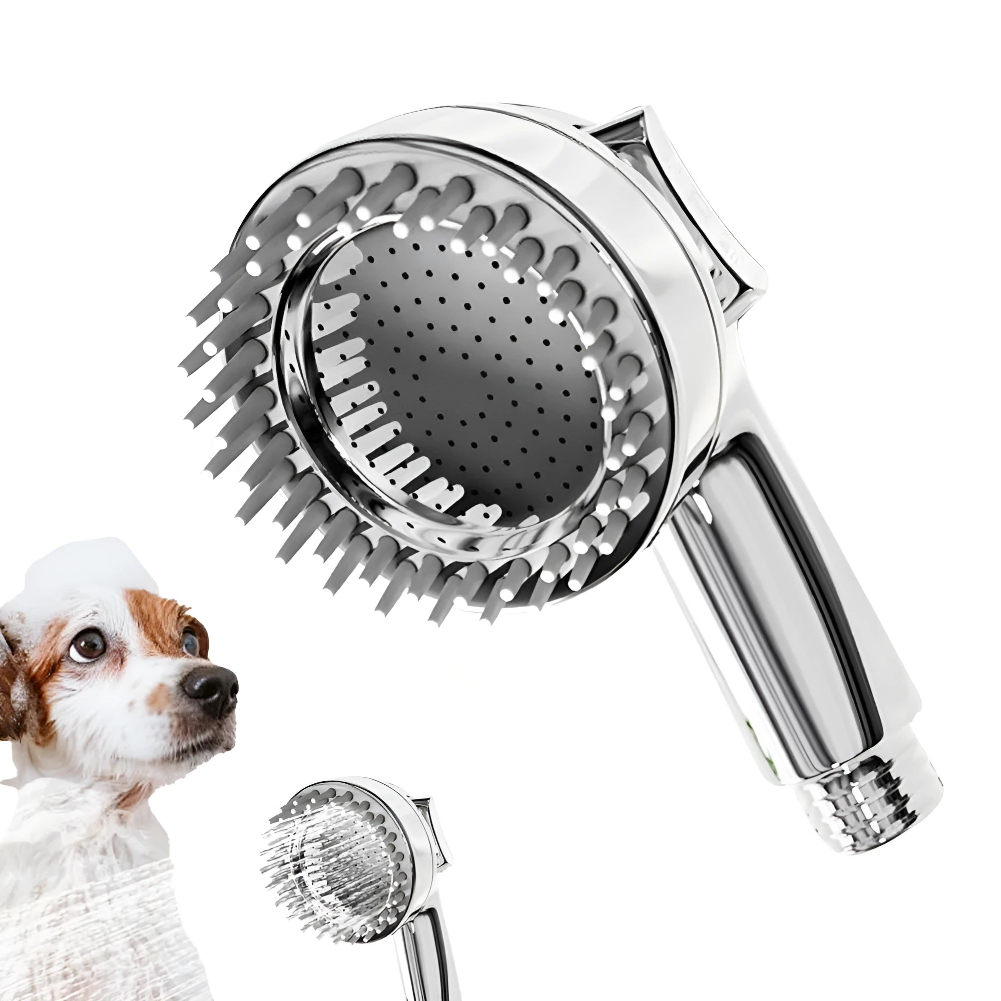 Silver 2 in 1 dog shower attachment with soft silicone comb teeth and ergonomic grip on white background