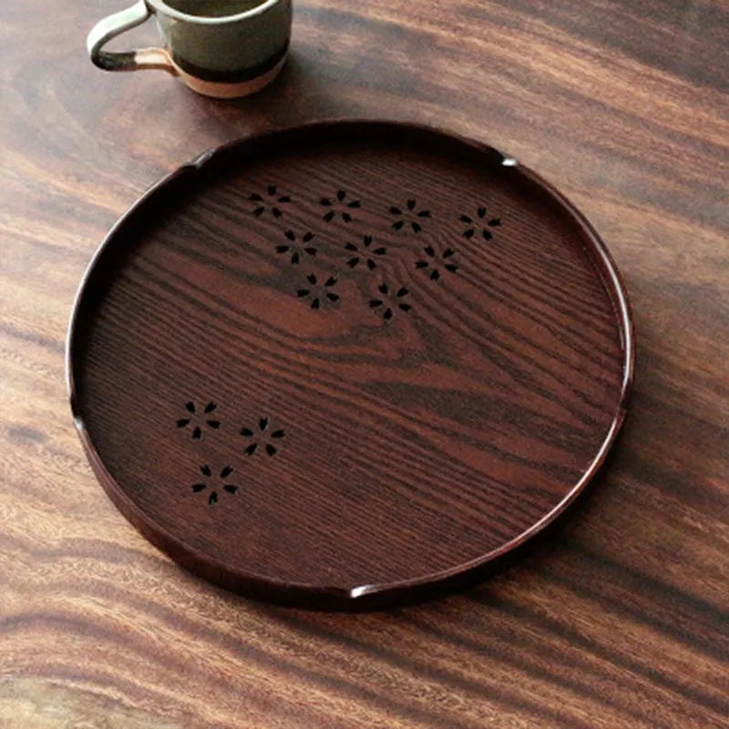 Wooden Japanese shallow dessert plate with hollow sakura cherry blossom pattern, 30cm diameter