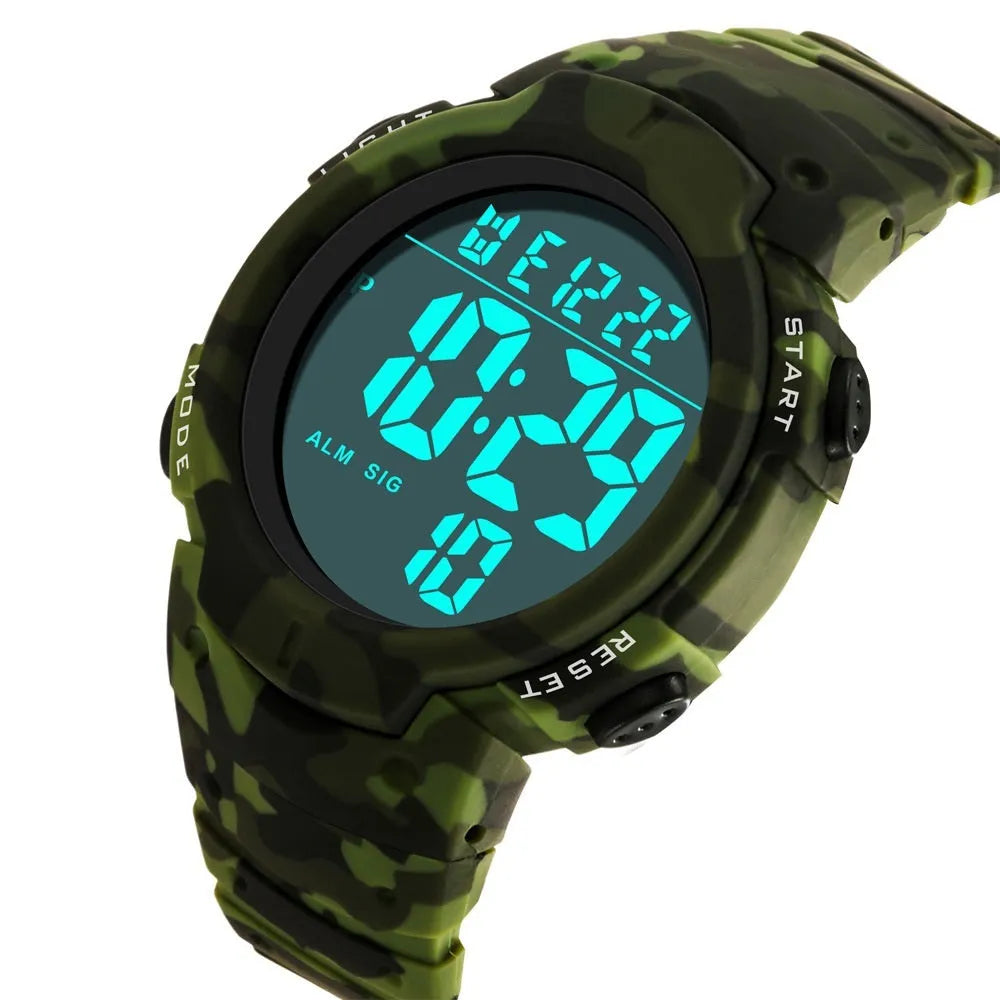 Multi functional waterproof sports electronic watch with 47.42mm dial and plastic band in black camouflage