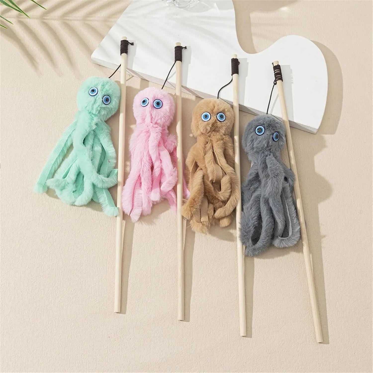 Furry octopus cat toy on long stick in bright colours for indoor kittens