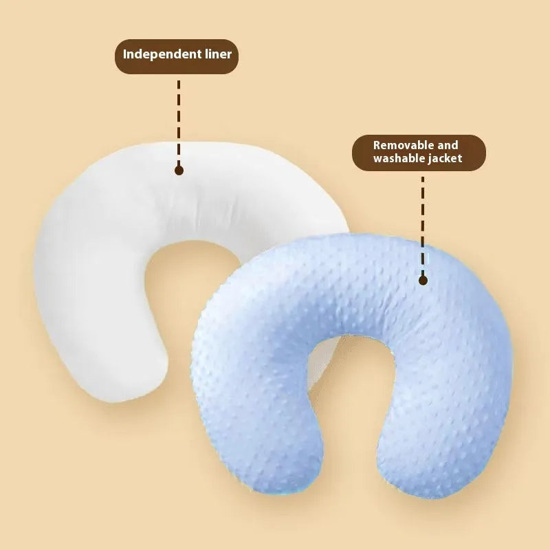 Nursing pillow with milk spilt prevention design in grey, light blue, pink, and yellow colour options