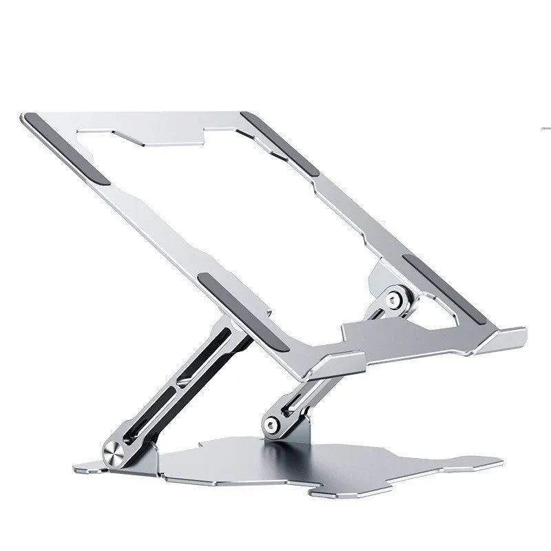 Aluminum adjustable and foldable laptop stand in grey on a desk.