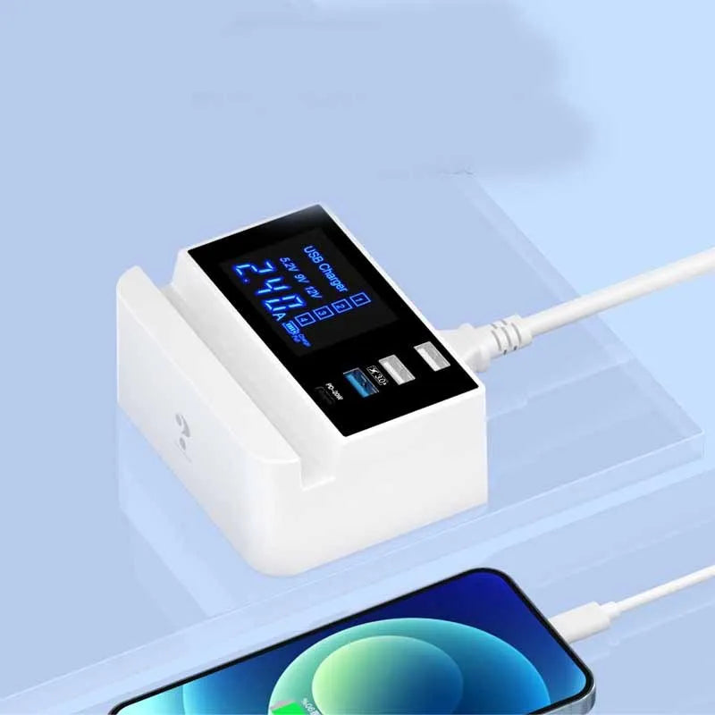 White USB multi-port tablet and smart phone charger with EU UK US plug adapters and 150cm power cord