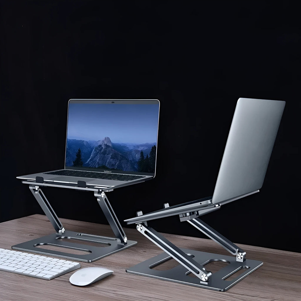 Silver adjustable aluminum laptop stand with laptop on desk at 340mm height