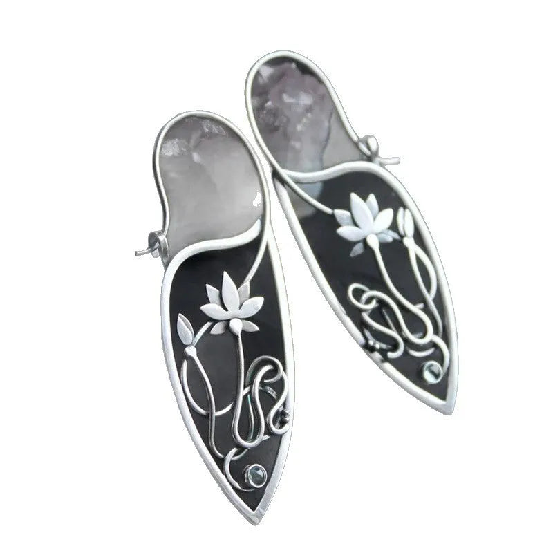 Silver electroplated alloy rhinestone lotus vine flower geometric earrings for women
