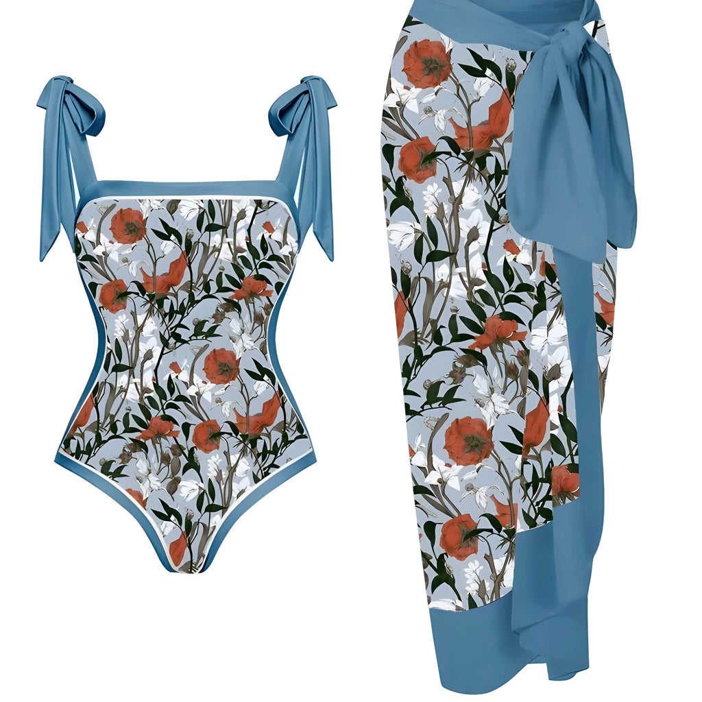 Women's floral printed two-piece swimsuit with matching skirt on a mannequin