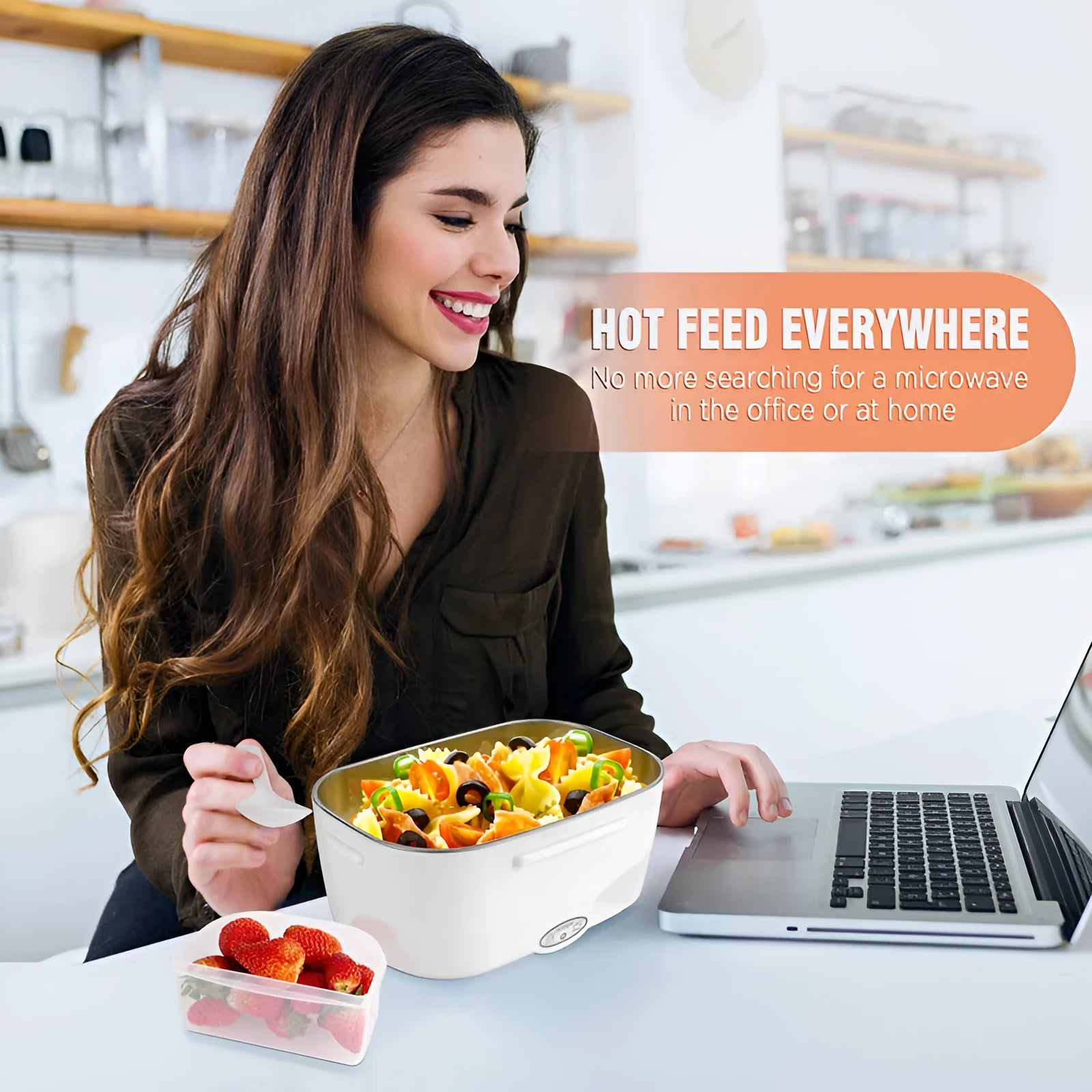 Grey dual-voltage electric lunch box for car and home use with stainless steel or plastic inner tank