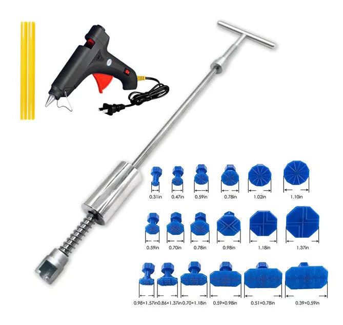 Metal automotive dent repair tool with T-shaped hammer and blue adhesive pads on car body panel