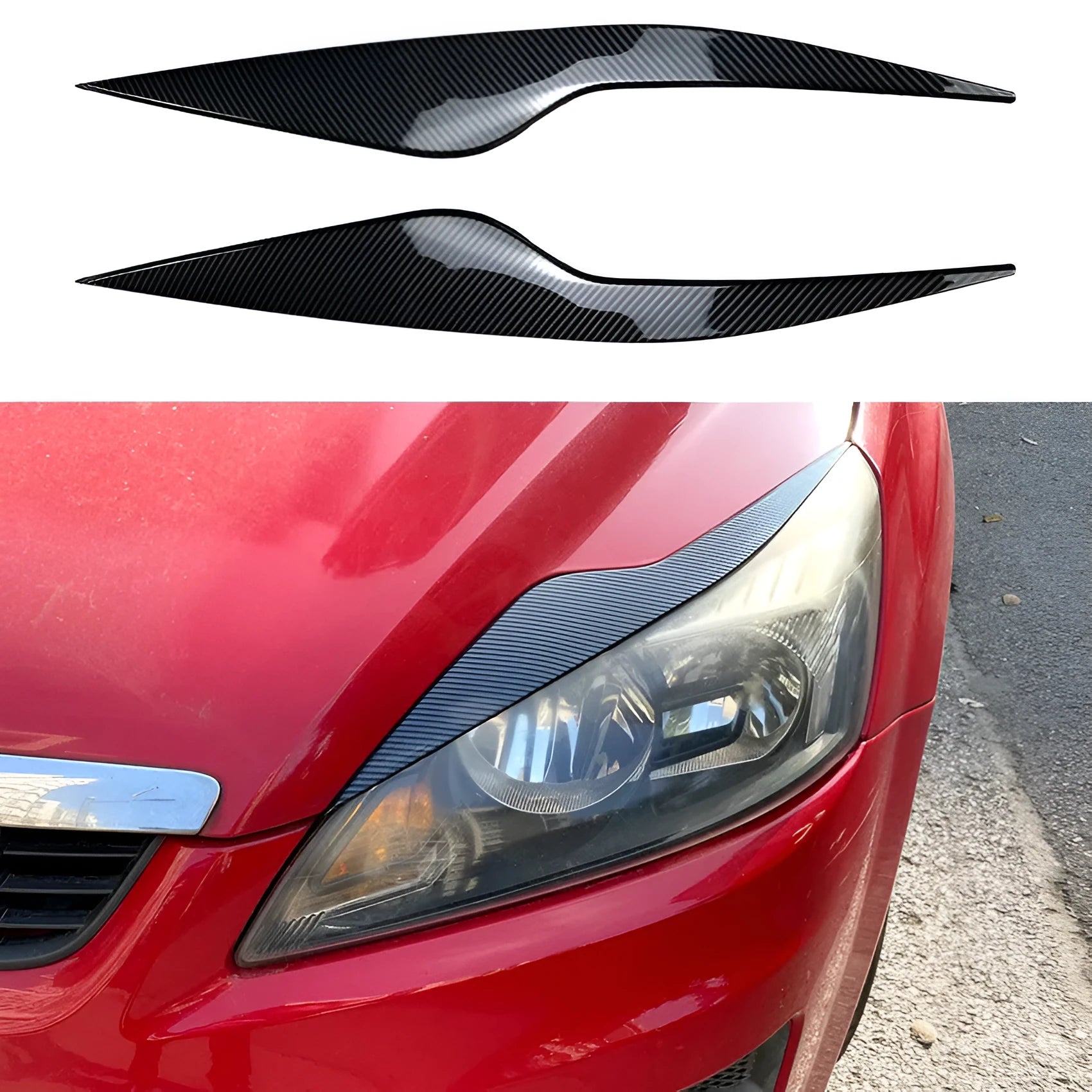 Ford Focus headlight sticker in carbon fiber pattern applied as external eyebrow trim on a car headlight