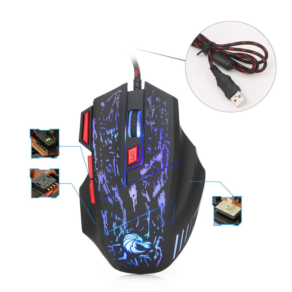 Water crack colourful luminous gaming mouse with USB cable and ergonomic design for desktop computers