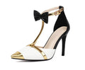 Plus size closed toe high heel sandals with buckle fastening, PU upper, rubber sole, in purple and white, sizes 34-48