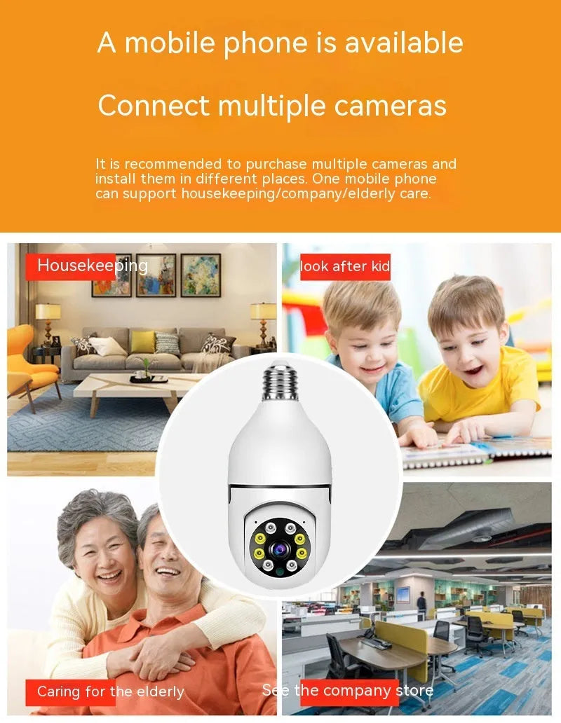 Wireless bulb security camera with 1080p resolution and full colour night vision capability