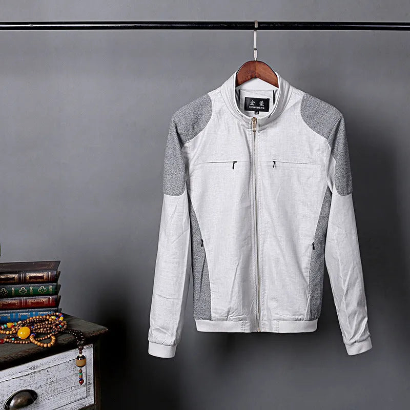 Men's thin cotton linen jacket in colour block pattern, shown in heather grey, grass green, and blue colour options.