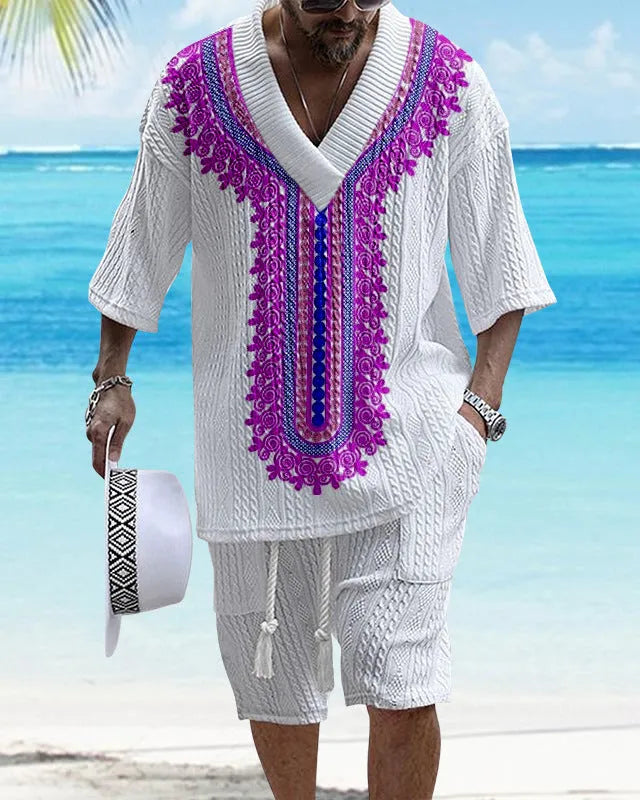 Men's printed drop-shoulder knitted short-sleeve top and matching shorts set on a hanger.