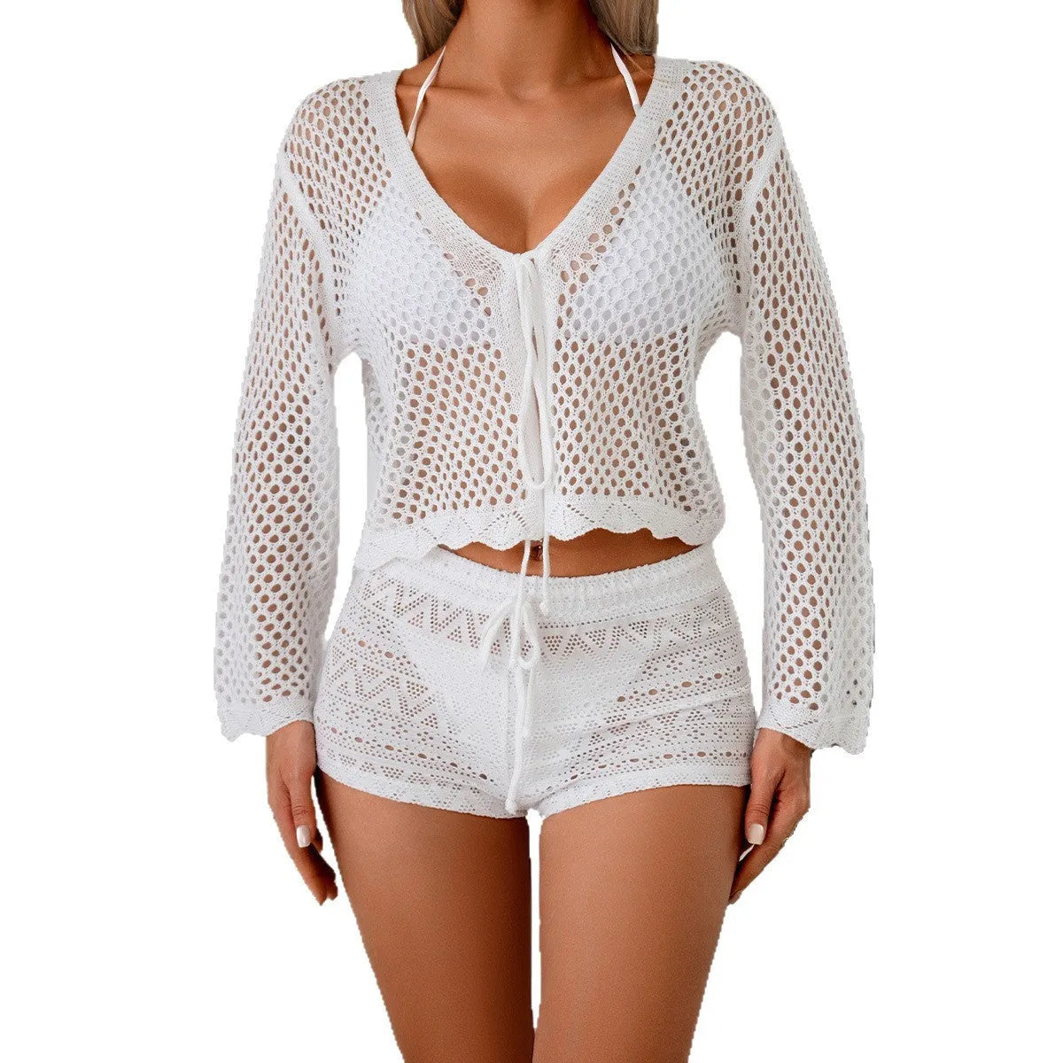 Women's apricot hollow woven cardigan blouse with bell sleeves, shown as a short-length layering piece.