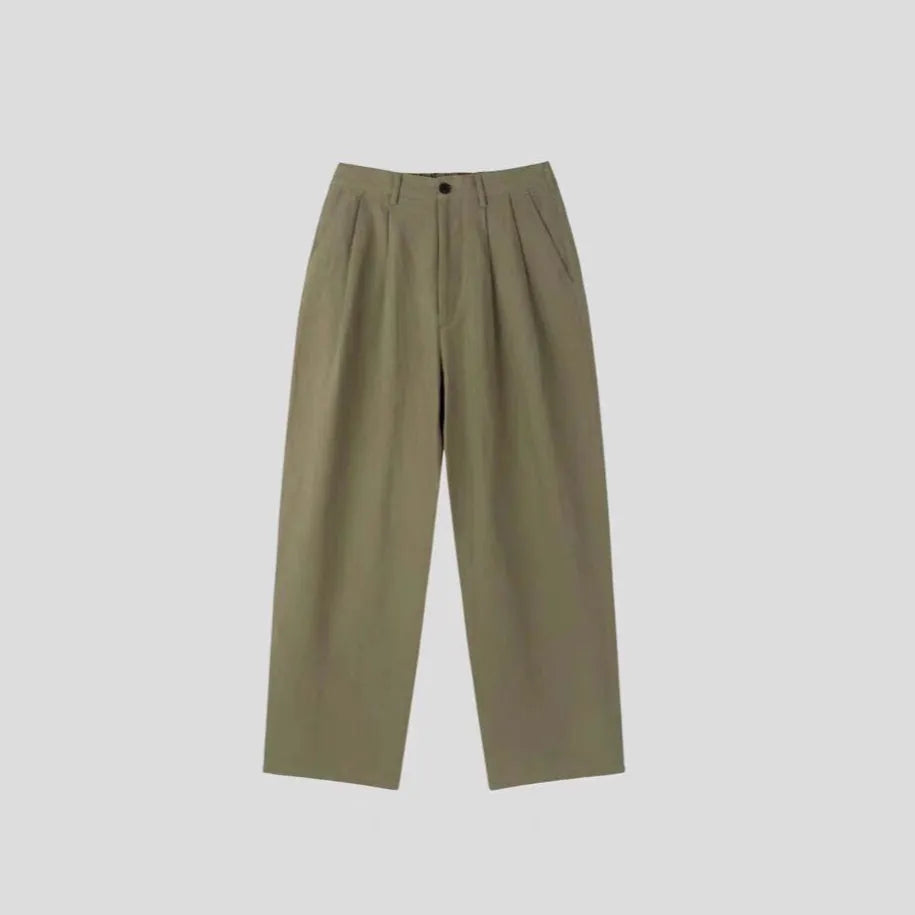Men's Korean-style wide-leg cotton linen trousers in apricot colour with micro-elastic waist