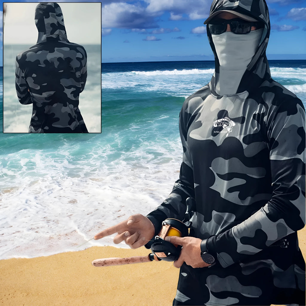Men's grey long sleeve fishing shirt with mesh side panels and an integrated neck gaiter for sun protection.
