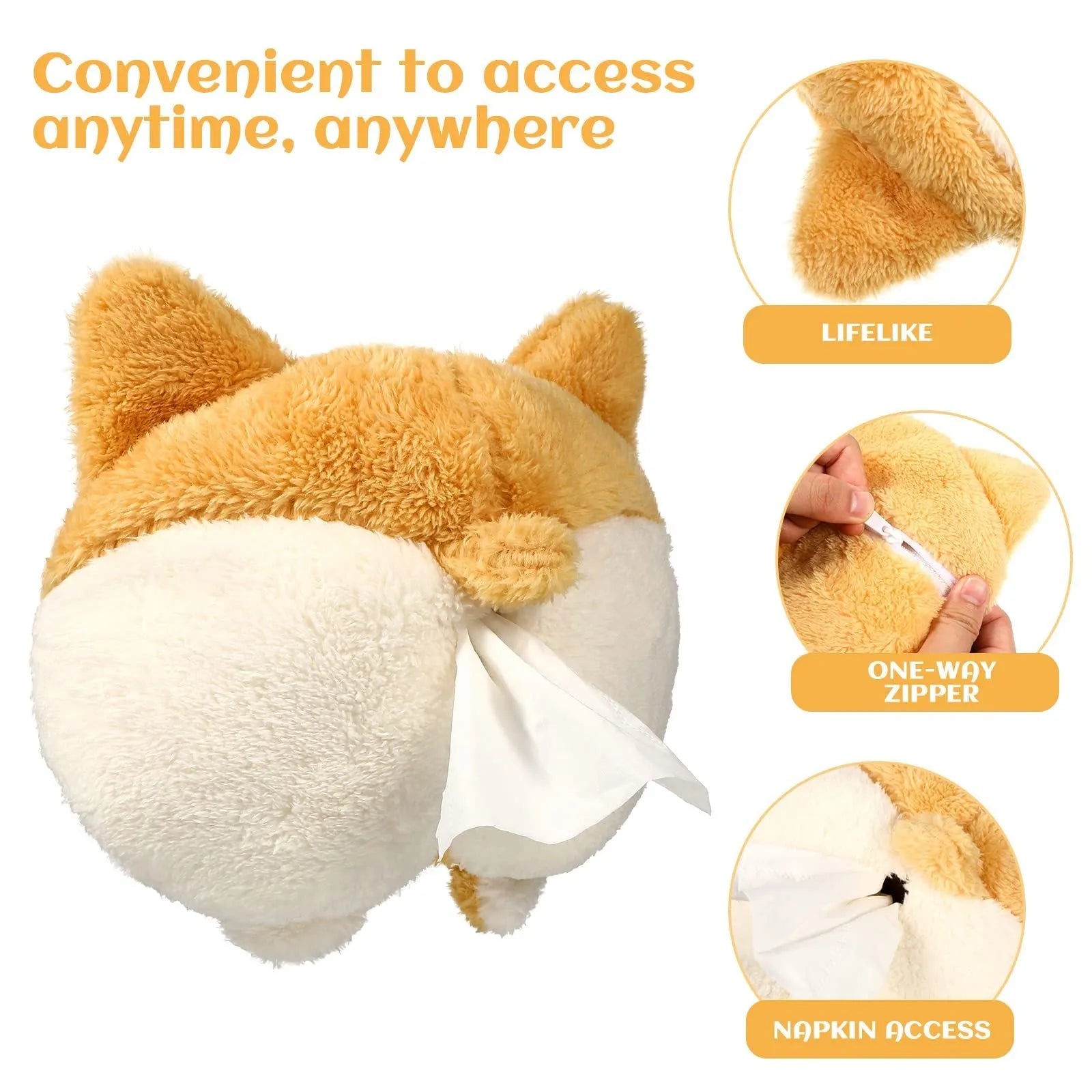 Yellow corgi butt-shaped soft tissue box cover with elastic strap for car sun visor.