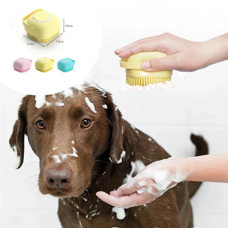 Silicone dog bath massage brush with shampoo dispenser, beige colour, round shape, on white background