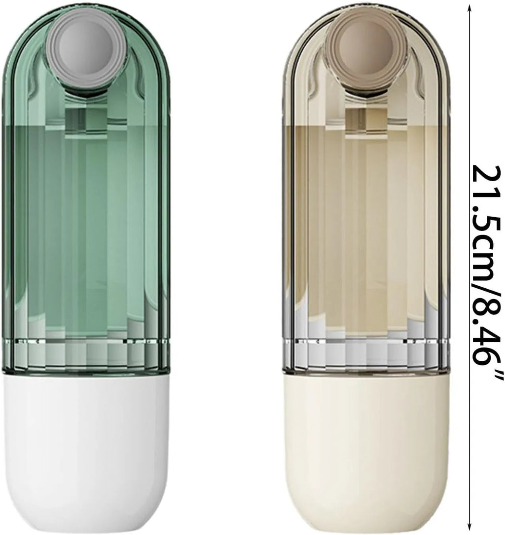 Beige and green foldable dog water bottle with food container, 21.5cm tall with leak-proof design