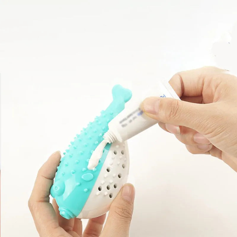 Blue silicone fish-shaped cat chew toy and teaser on a white background.