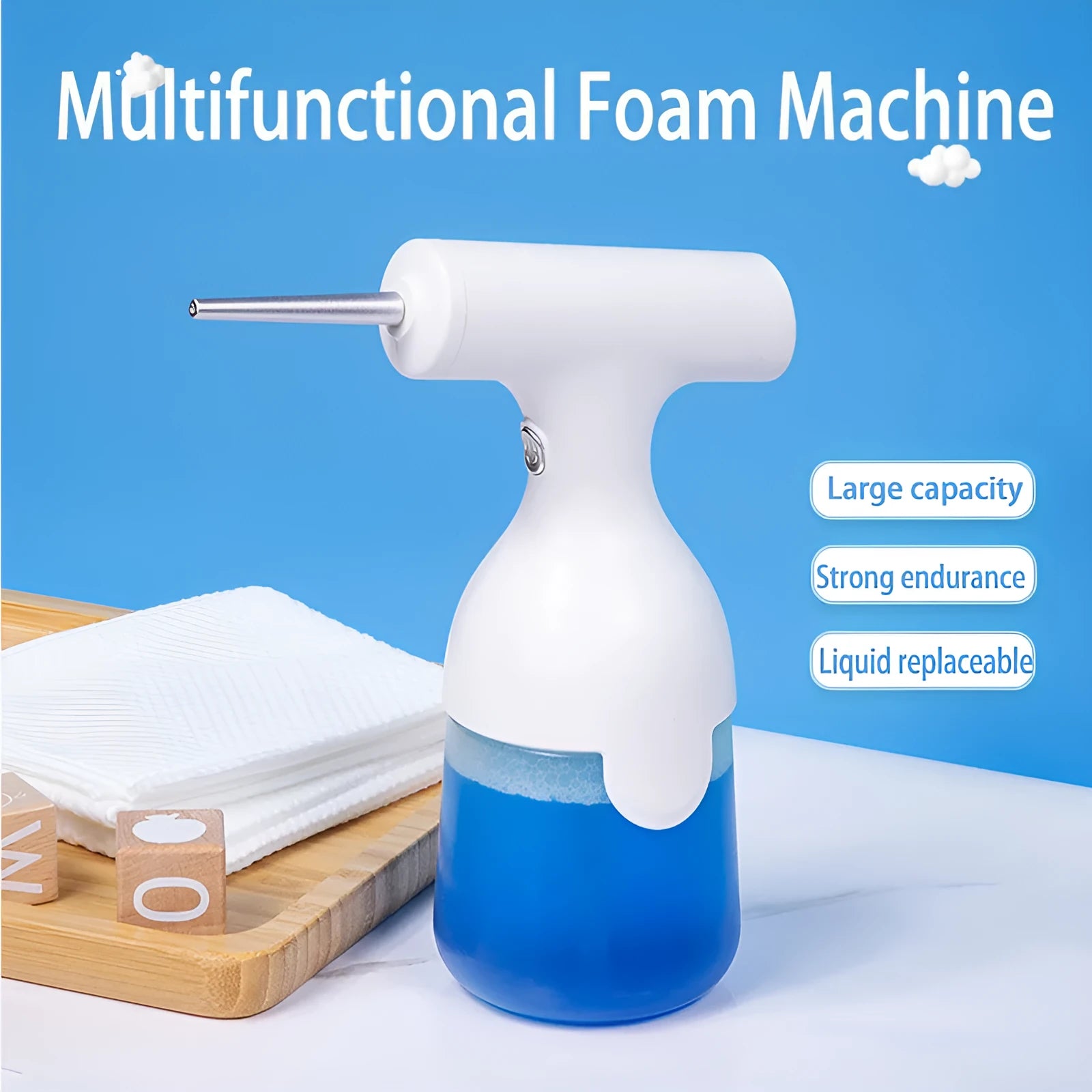 White electric foam soap dispenser gun with 350ml capacity and IPX5 waterproof design on bathroom counter