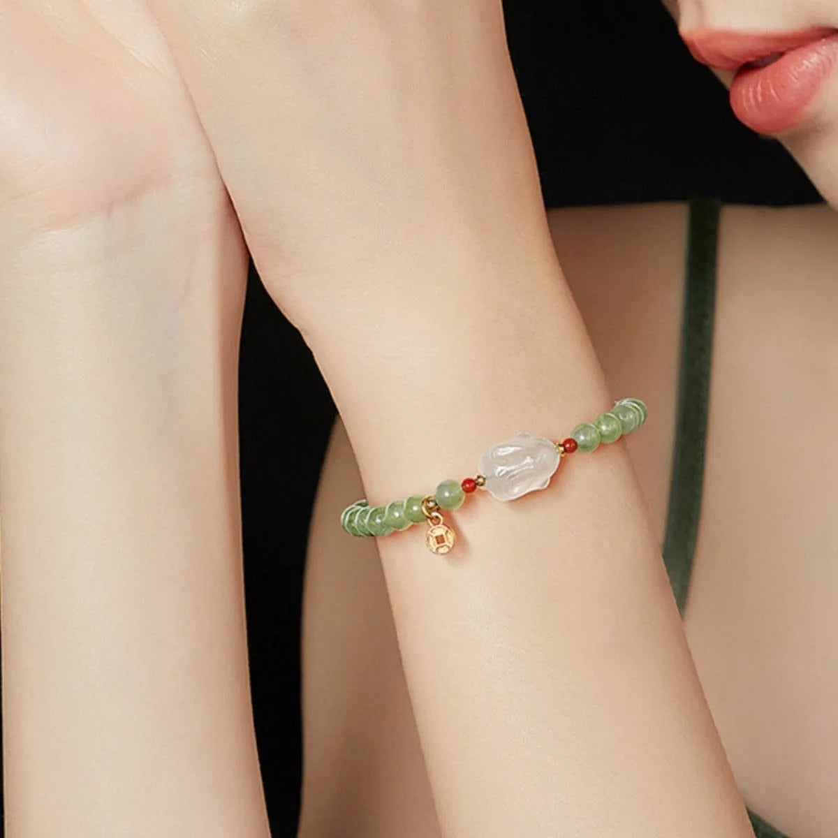Handmade Hetian jade rabbit bracelet for women, glass and coloured glaze, 8mm and 10mm beads, gift box options
