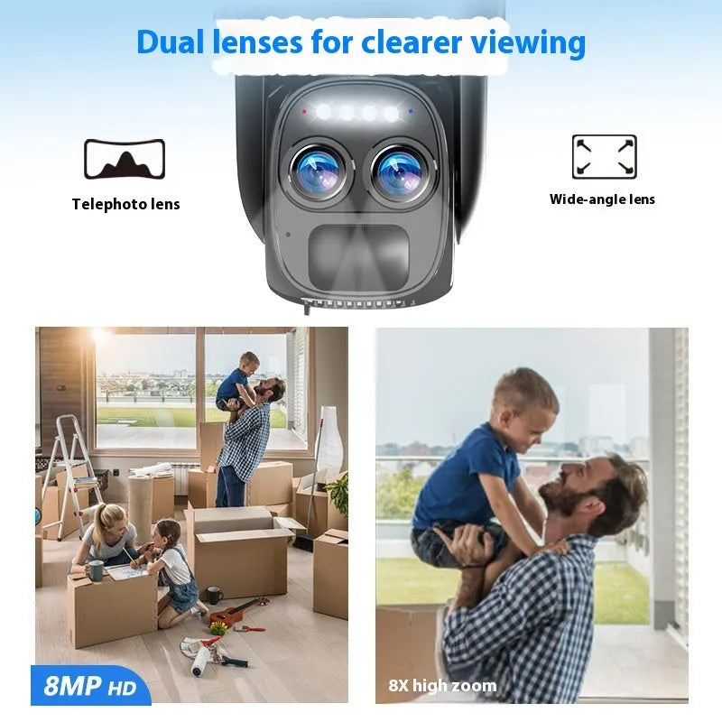 Solar-powered outdoor security camera with 8x zoom lens and dual 4G/WiFi connectivity options