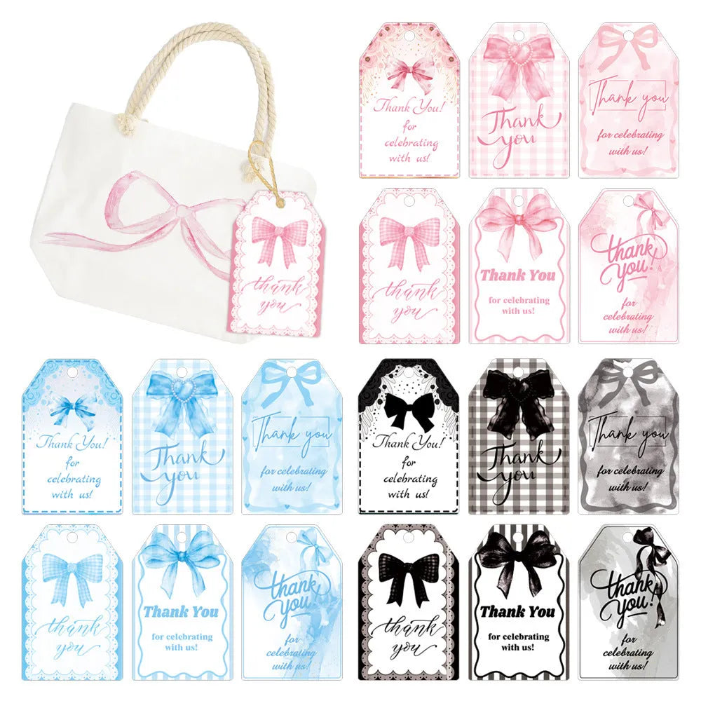 Bowknot-shaped paper gift tags with natural hemp rope ties for birthday party decoration