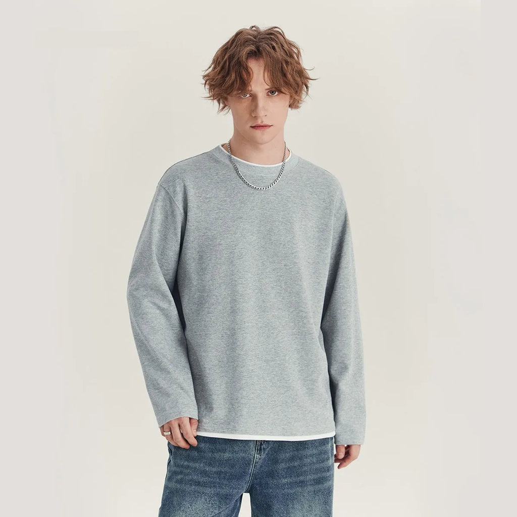 Men's long-sleeved loose cotton blend round neck t-shirt in solid colour with contrast top