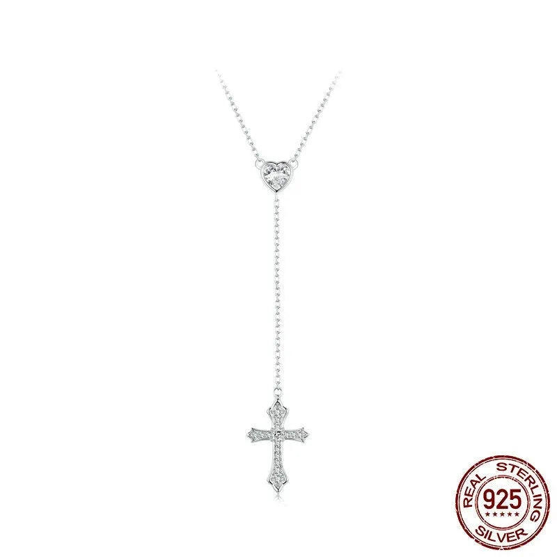 Silver cross necklace with V-neck pendant on an O-ring chain for women