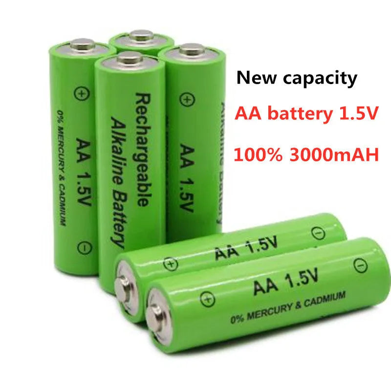 Alkaline rechargeable AA battery with 3000mAh capacity and 1.5V output.