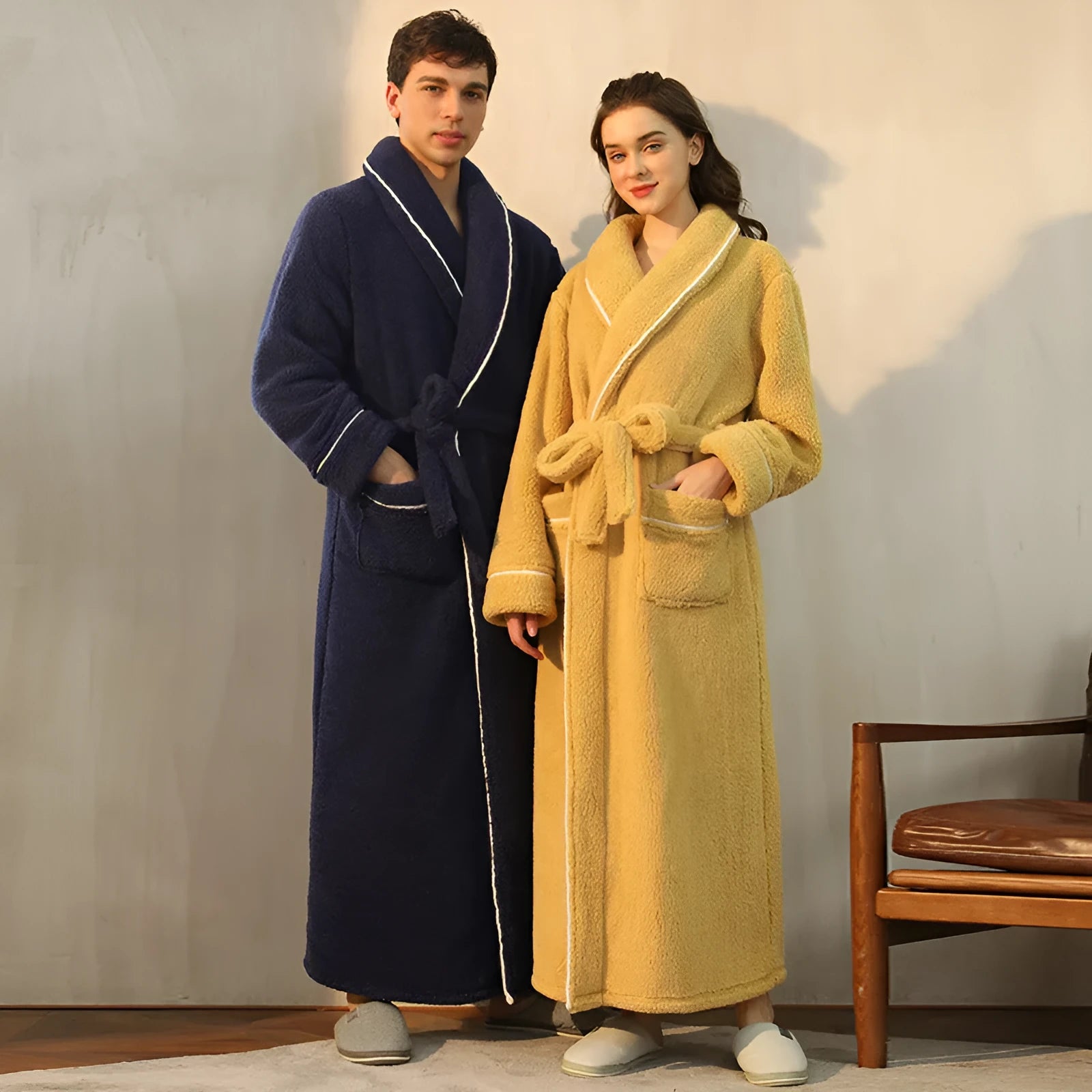 Super thick flannel winter bathrobe for a couple in red and grey, showing plus size fit.