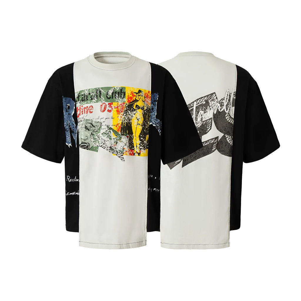 Black and white deconstruction collage printed t-shirt with short sleeves and loose fit.
