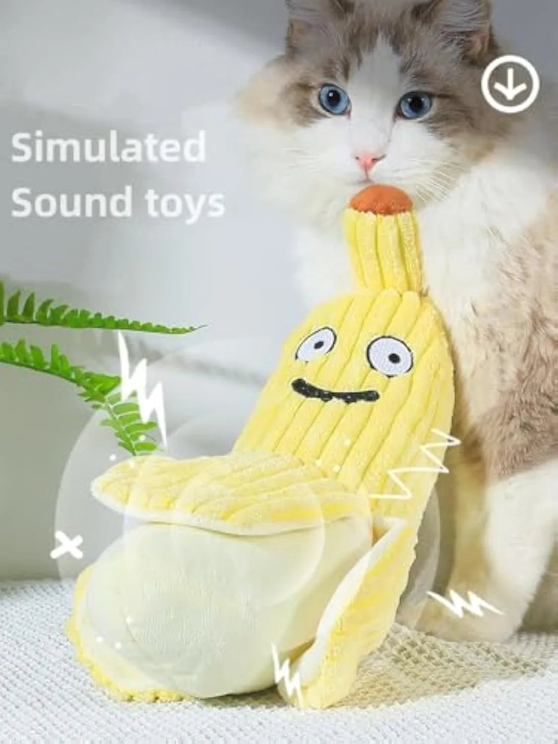 Yellow banana-shaped cat crinkle toy with plush fabric and visible texture details