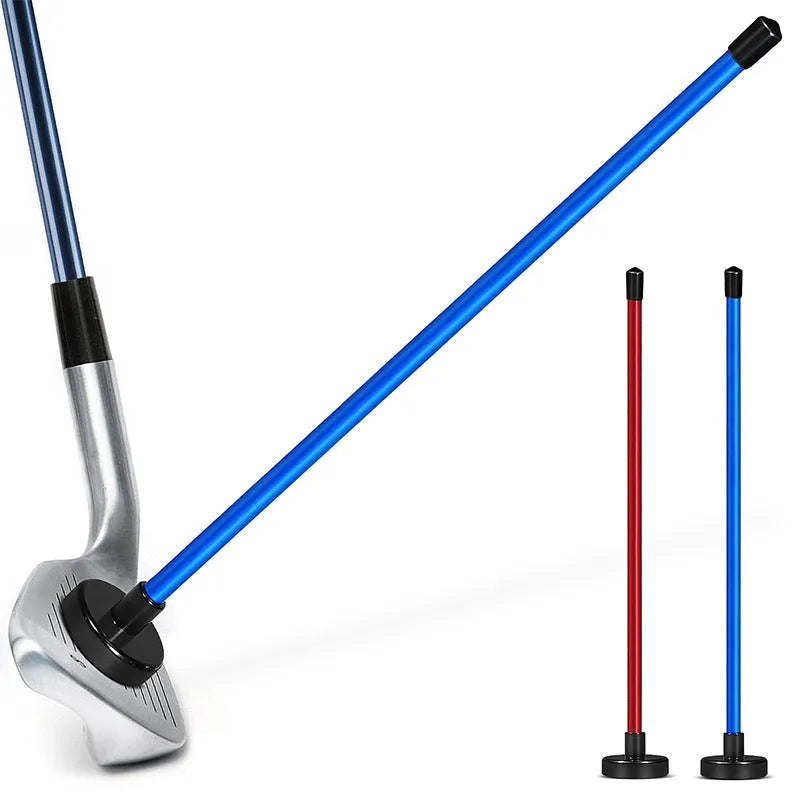 Red and blue aluminium alloy golf swing trainer with magnetic direction and alignment bar.