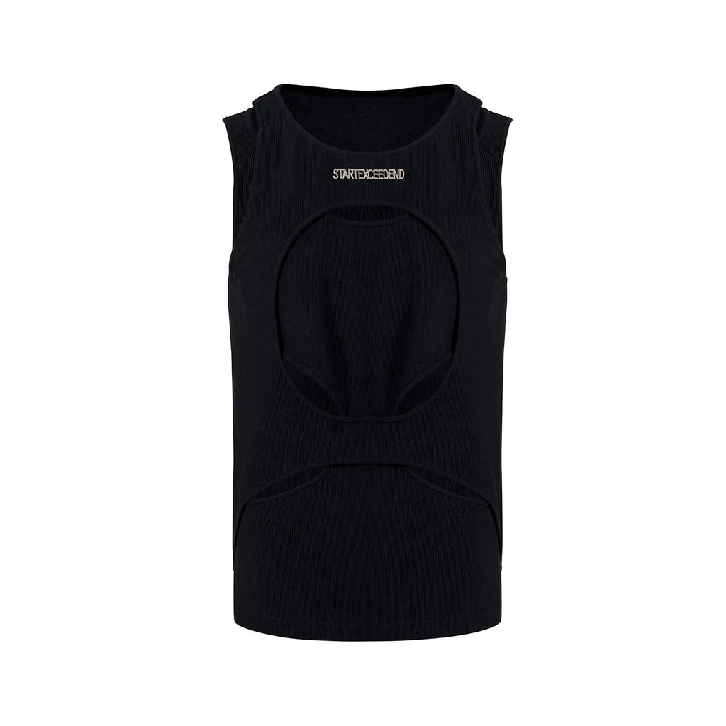 Men's black and white sleeveless waistcoat with hollow thread design and round neck