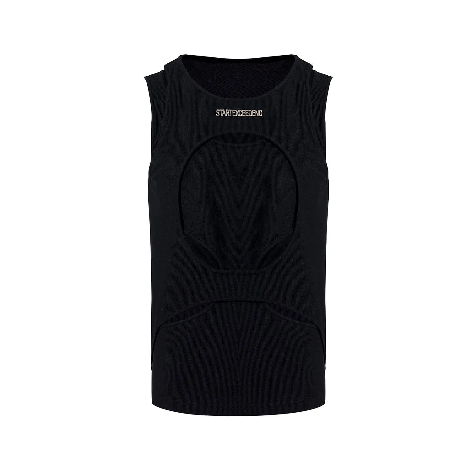 Men's black and white sleeveless waistcoat with hollow thread design and round neck