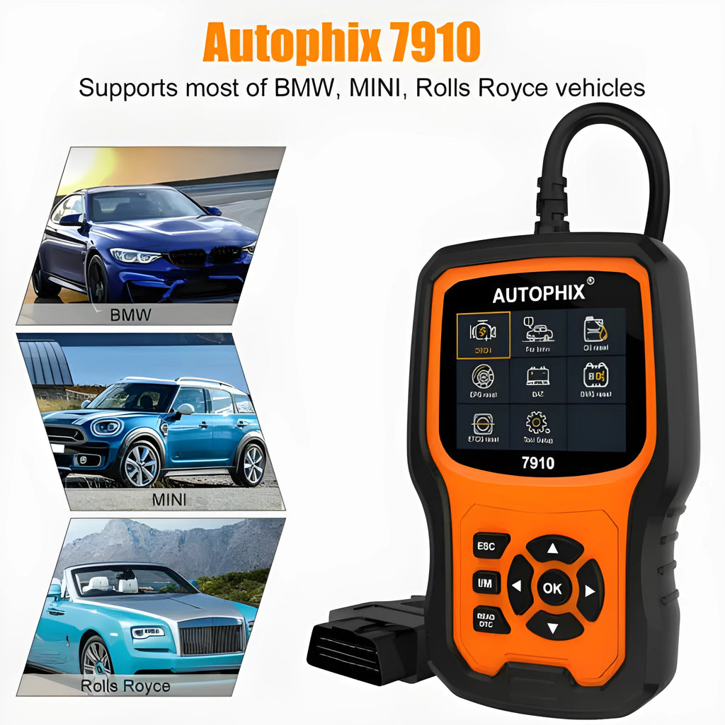 Autophix 7910 BMW diagnostic scanner OBD2 tool with display screen showing fault codes