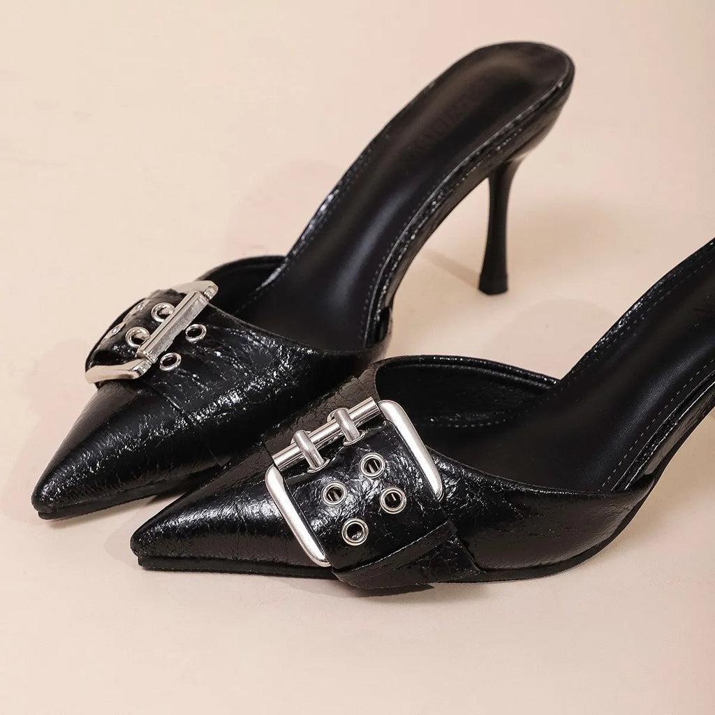 Women's black PU pointed toe buckle strap high heels, size range 35 to 42