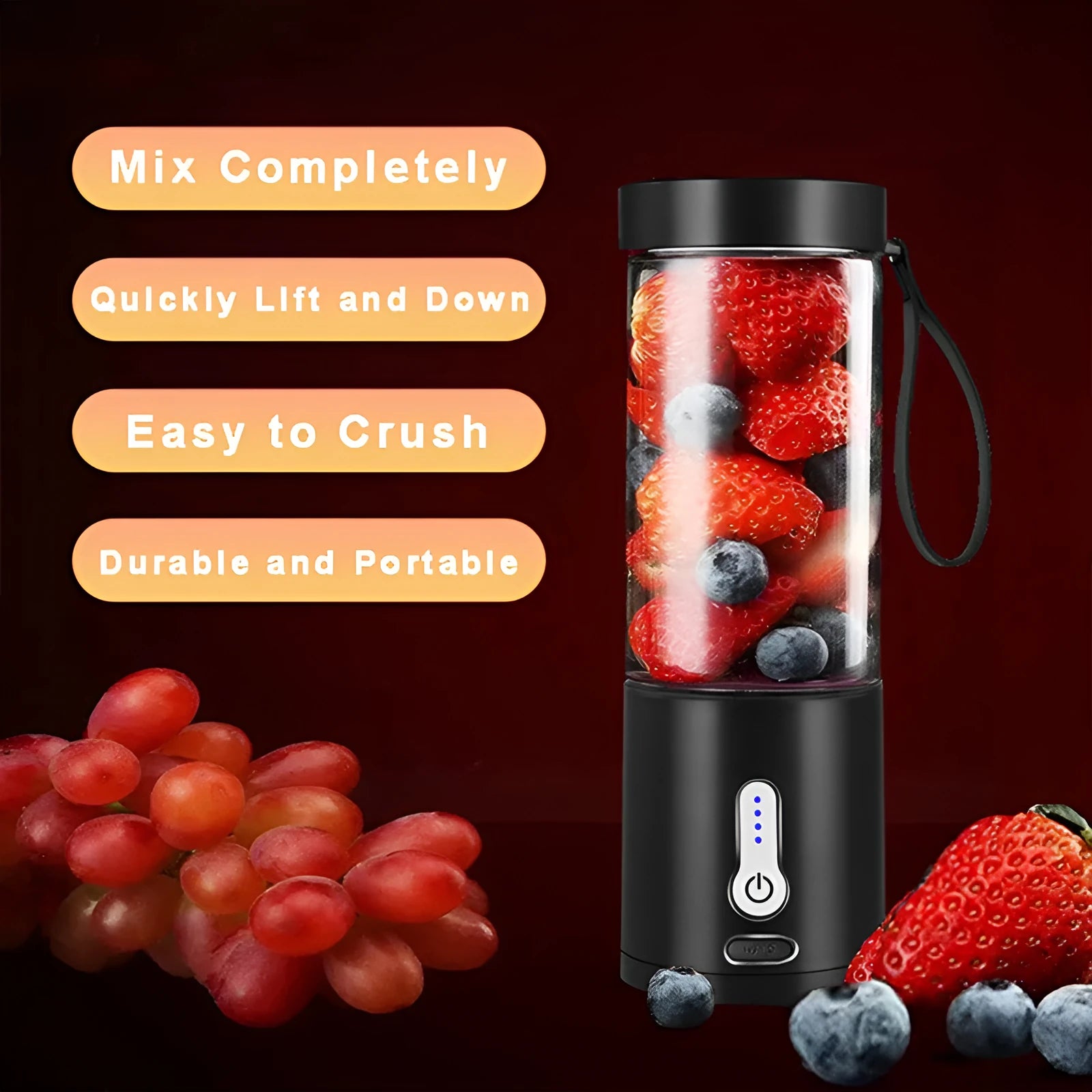 Portable 530ml rechargeable blender in black with lid and USB port, made from PC edible plastic