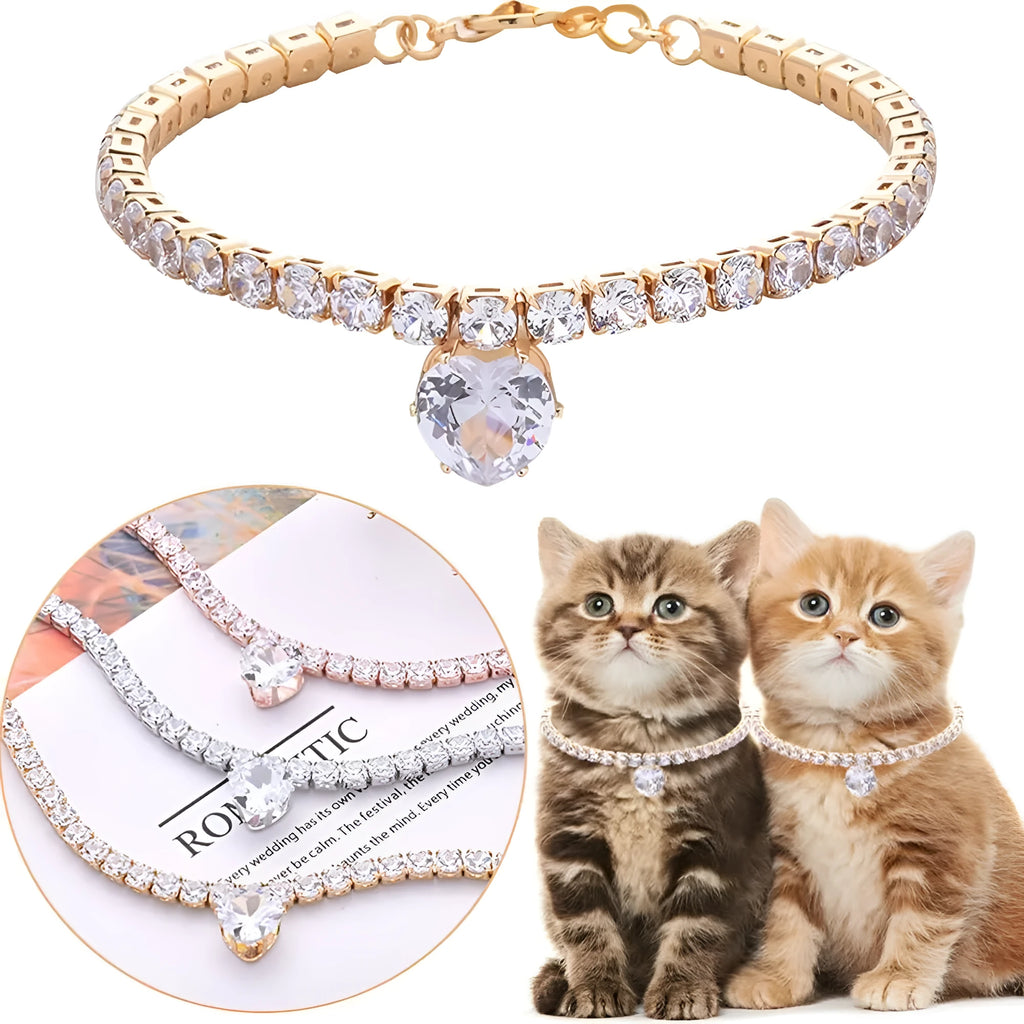 Pet collar with rhinestone heart design in gold, platinum, and rose gold colours on adjustable chain