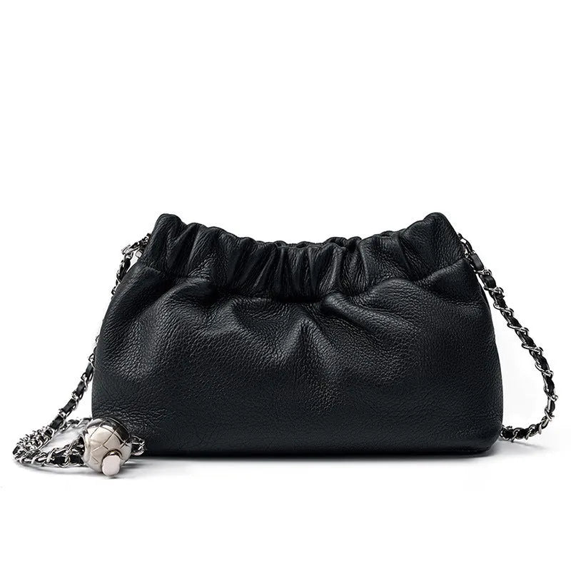 Women's genuine leather chain crossbody bag in soft dumpling shape with phone pocket, beige colour option