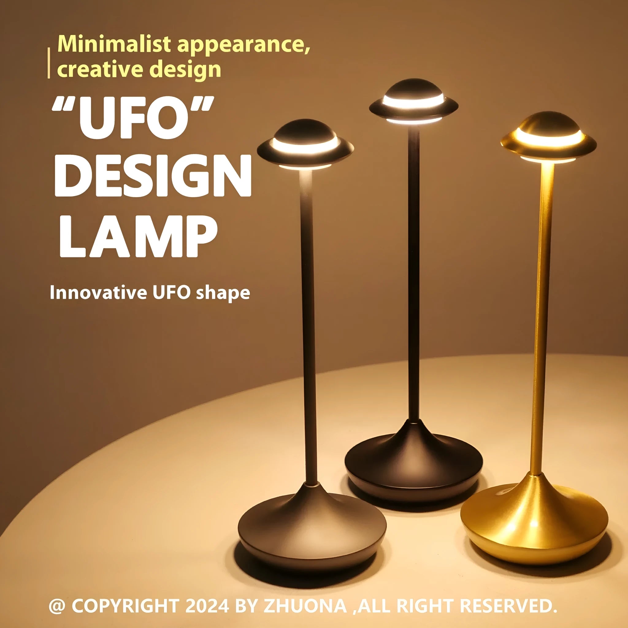 Modern UFO-shaped metal desk lamp with touch-sensitive base in black, gold, or grey finish.