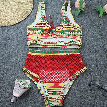 Women's cross strap fishnet high waist bikini set in checkered multicolor with bra top and shorts